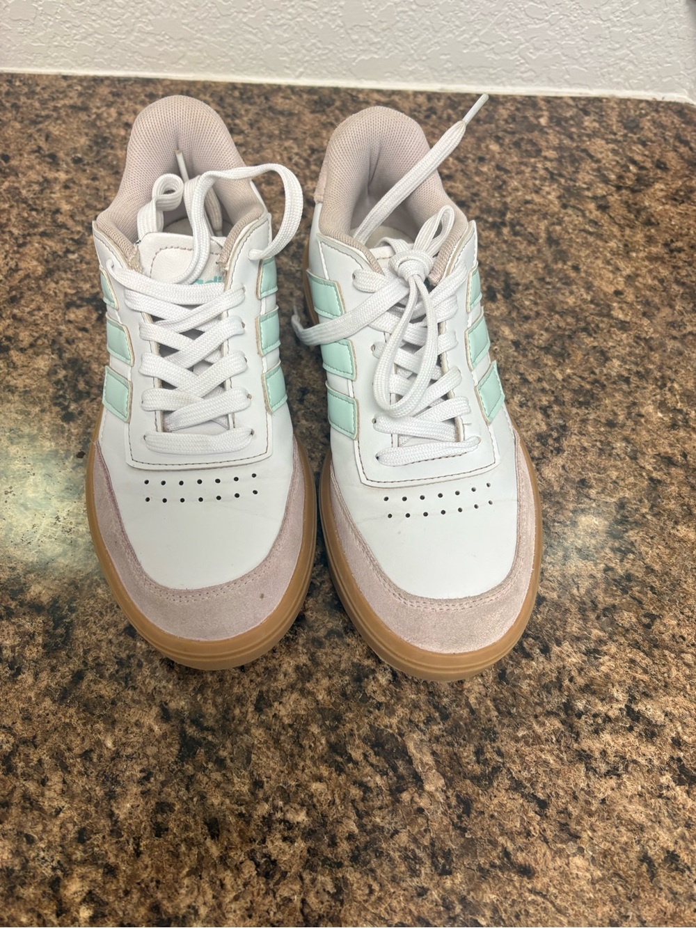 adidas Women’s White Sneakers with Mint Stripes and Gum Sole